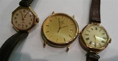 Lot 50 - A gents Omega DeVille wristwatch, two lady's wristwatches, both stamped '375', on leather...