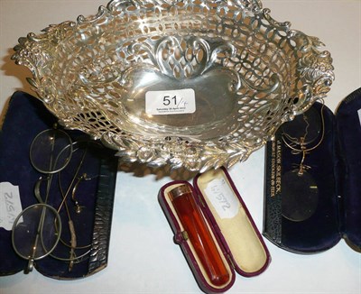 Lot 51 - A pierced silver oval basket, a 9ct gold mounted cigar holder, various spectacles etc