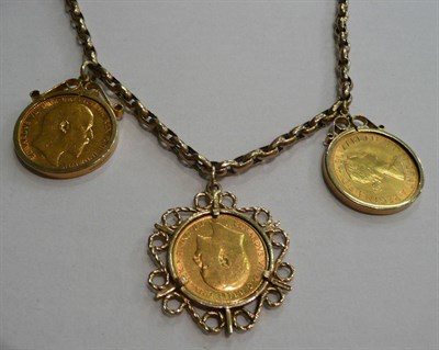 Lot 57 - A belcher link necklace stamped 9ct hung with a 1903 full sovereign, a 1967 full sovereign and...