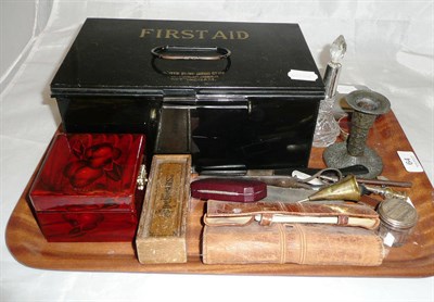 Lot 64 - Hip flask, steel candle snuffers, first aid tin, glove stretchers etc
