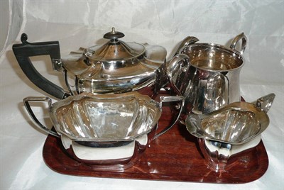 Lot 67 - A silver mustard pot, a plated three piece tea service, two silver pocket watches, two others and a