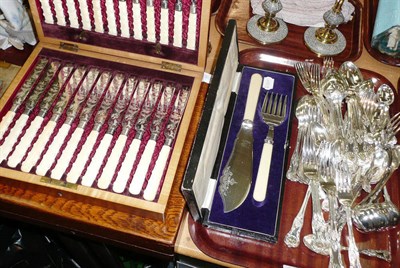Lot 68 - A cased set of twelve dessert knives and forks with ivory handles, a box suitable for conversion to