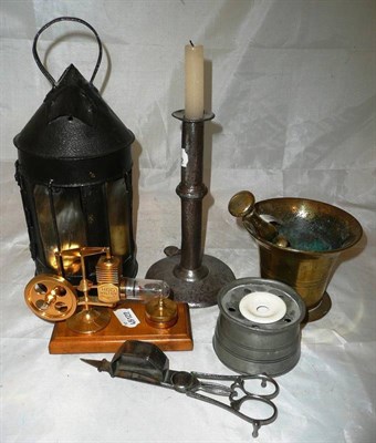 Lot 78 - A mortar and pestle, a tin lantern, a candlestick, a pewter inkwell, candle snuffers and a hot...