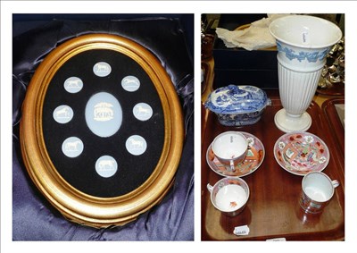 Lot 90 - Wedgwood Jasperware 'The Stubbs Horse Plaque' 11/250, Newhall coffee can, two cups and two saucers