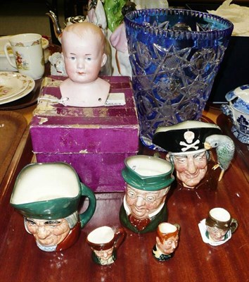 Lot 91 - An overlay glass vase, six Doulton character jugs and Armande Marseille bisque doll's head