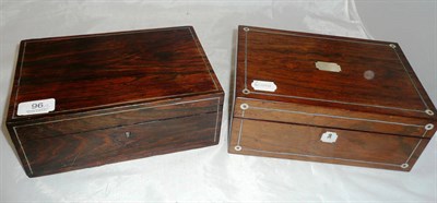 Lot 96 - Inlaid rosewood hinged sewing box with a blue paper fitted interior and another similar (2)