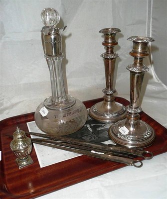 Lot 99 - Plated salt cellar - square stand, skewers - four large and three small, two silver Sheffield...