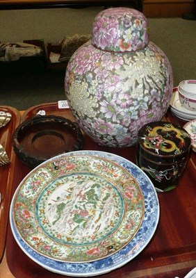 Lot 107 - A ginger jar cover and stand, a cloisonne box and cover and three Chinese plates