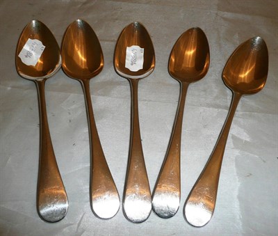 Lot 144 - A set of five George III silver Old English pattern table spoons, by Peter and Anne Bateman, London