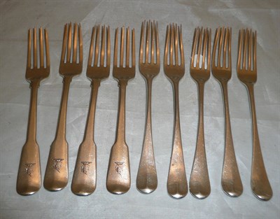 Lot 152 - A set of five George III silver Old English pattern table forks, Newcastle 1804; a set of four...