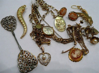 Lot 159 - A lady's wristwatch, cameo jewellery, bracelets, a 9ct gold double dolphin brooch etc
