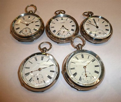Lot 162 - Five silver open faced pocket watches, all cases with Birmingham hallmarks