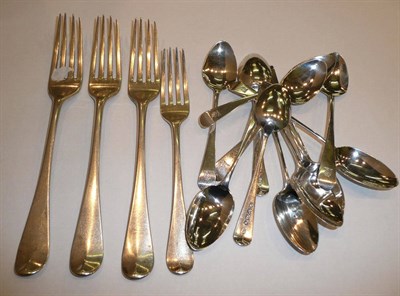 Lot 174 - Two sets of six George III silver Old English pattern teaspoons London 1825 and 1829; three...