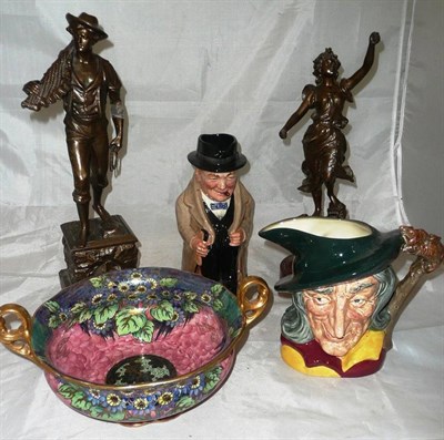 Lot 178 - Two spelter figures, Doulton Winston Churchill character jug, Pied Piper character jug, Maling bowl