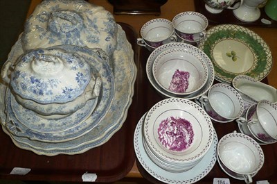 Lot 184 - Pink lustre tea set, and blue and white dinnerware etc on two trays