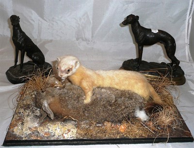 Lot 190 - After Barrie and Mene, two bronze figures of greyhounds, and a taxidermy specimen of a stoat...