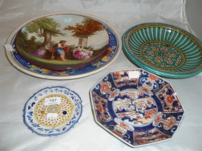 Lot 197 - Framed watercolour, Majolica plates, Imari plate etc