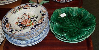 Lot 214 - Majolica plates, ironstone bowls and blue and white