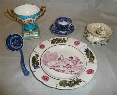 Lot 216 - Rockingham inkwell, child's plate, blue vase, ladle and a cup and saucer