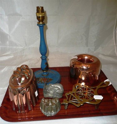 Lot 218 - Copper moulds, small copper moulds, iron stand and a lamp