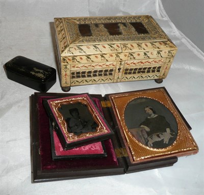 Lot 238 - Stained bone trinket box, snuff box and daguerreotypes