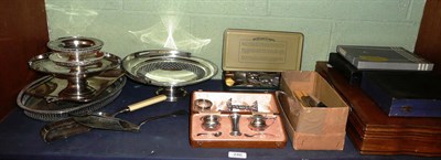 Lot 246 - Cased silver condiment set, three silver spoons, plated flatware, plated cake basket etc