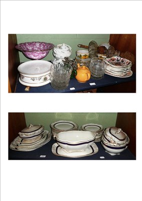 Lot 251 - Two shelves of dinner wares, glass, pink pedestal bowl, 19th century part dessert service etc