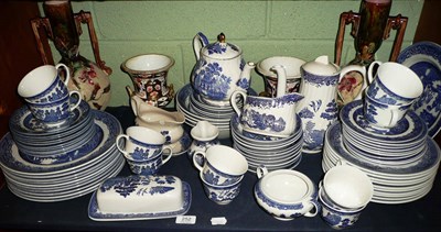 Lot 252 - Shelf, Derby vases, Majollica vase, blue and white tea and dinner service