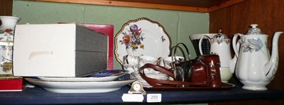 Lot 255 - A shelf of decorative China including three Willow pattern meat plates, Royal Doulton decanter...