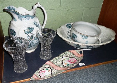 Lot 257 - Pottery three piece wash set, oval Chinese leaf shaped dish and a pair of Edinburgh crystal cut...