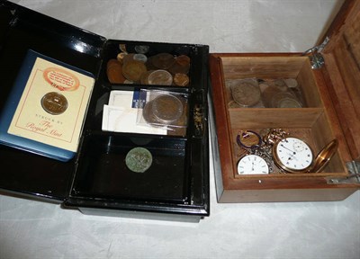 Lot 260 - A quantity of coins, plated pocket watch, lady's fob watch and two medals