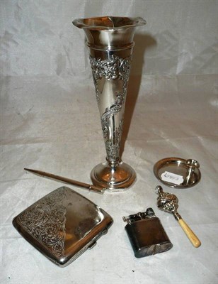 Lot 275 - Loaded silver spill vase, silver cigarette, silver rattle, small silver chamber stick etc