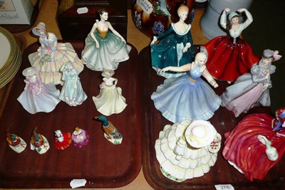 Lot 278 - Eight Royal Doulton figures, three Coalport figures, Beswick pheasants etc on two trays