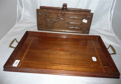 Lot 285 - An Edwardian inlaid mahogany tray and a carved oak box decorated with a bird and three cigars