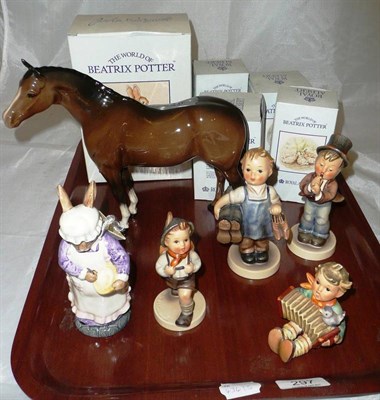 Lot 297 - A Beswick brown horse, four Goebel figures and six Beatrix Potter figures