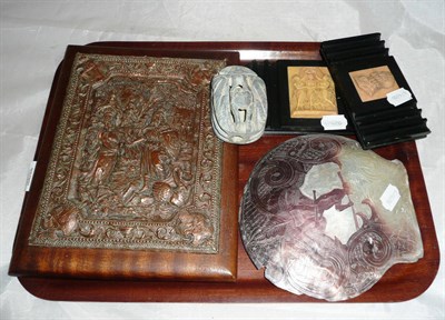 Lot 304 - A carved shell, a scarab seal, an electrotype plaque, and two cameo pen rests