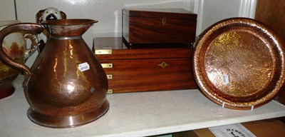 Lot 327 - A mahogany writing box, a small mahogany box, a copper measure and copper plate (4)