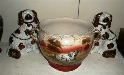 Lot 328 - Pair of Staffordshire Spaniel dogs and a planter