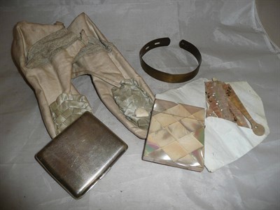 Lot 347 - A late Victorian silver mounted shot silk parasol, a pair of silk wedding shoes, a mother of...