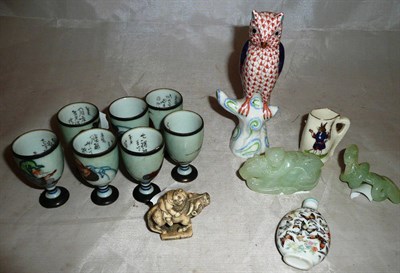 Lot 350 - A set of seven Japanese porcelain "Gods of Good Fortune" sake cups, a Herend owl, two Chinese...