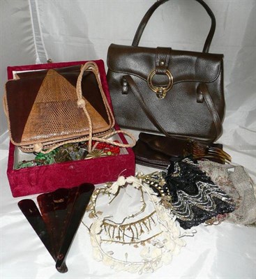 Lot 358 - Three brown leather and leatherette handbags, circa 1920's beaded evening purse, faux tortoiseshell