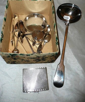 Lot 371 - Silver mustard spoon, two pairs of silver tongs, silver cigarette case, silver dish, silver...