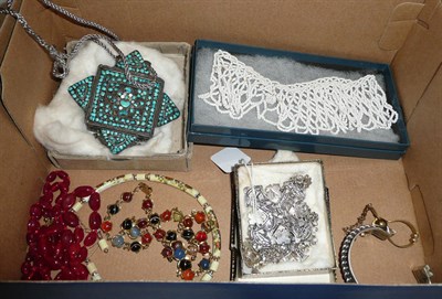 Lot 372 - Assorted hats pins, beads, white metal jewellery, earrings and a Victorian earring converted to...