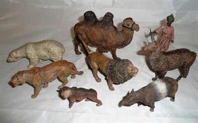 Lot 397 - Eight elastolin zoo animals and keeper