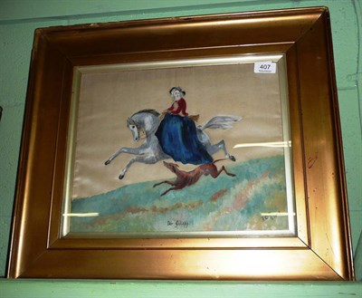 Lot 407 - German silk painting of a woman on horseback, monogrammed FCM and dated 1909 'Der Galopp'