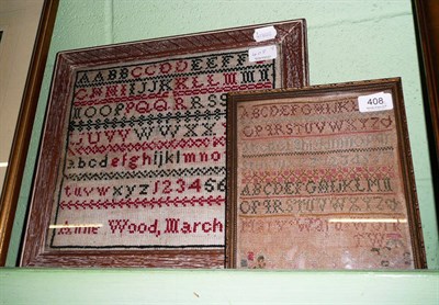 Lot 408 - Two 19th century framed samplers, one dated 1869