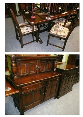 Lot 553 - Reproduction oak table (Jaycee), six Ercol chairs, sideboard, cabinet and display cabinet