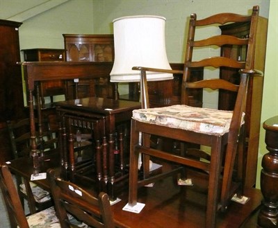 Lot 554 - Mahogany side table/cabinet and an oak demi-lune hall table and a lamp base