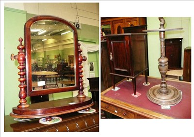 Lot 555 - French oak turned standard lamp, Victorian toilet mirror, mahogany B/S cabinet