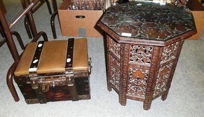 Lot 602 - An old Barclays Bank casket and a Indian folding table with a glass top